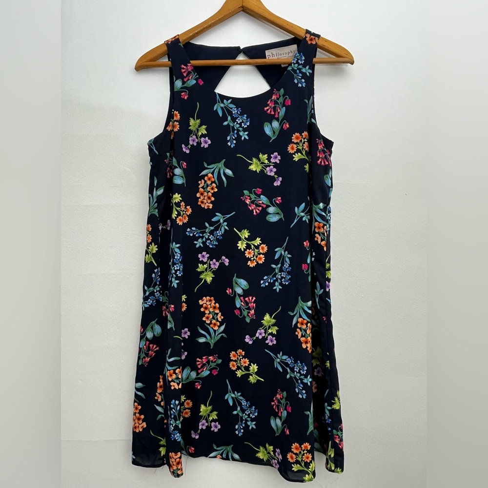 Philosophy Floral Shift Dress Navy Lined Sleeveless Keyhole Back Women’s Small